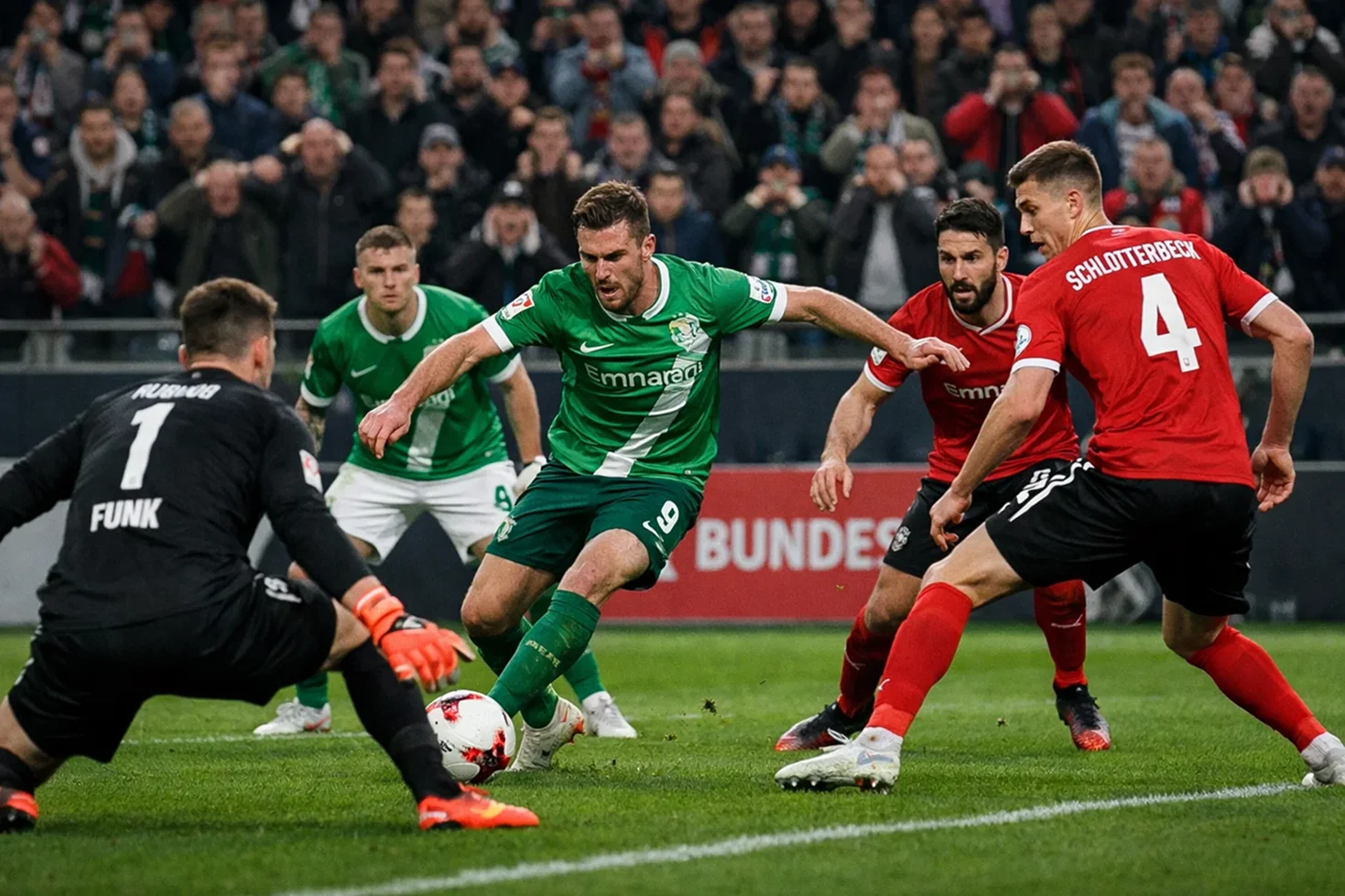 Angespannte Spieler und Fans während eines wichtigen Bundesliga-Spiels