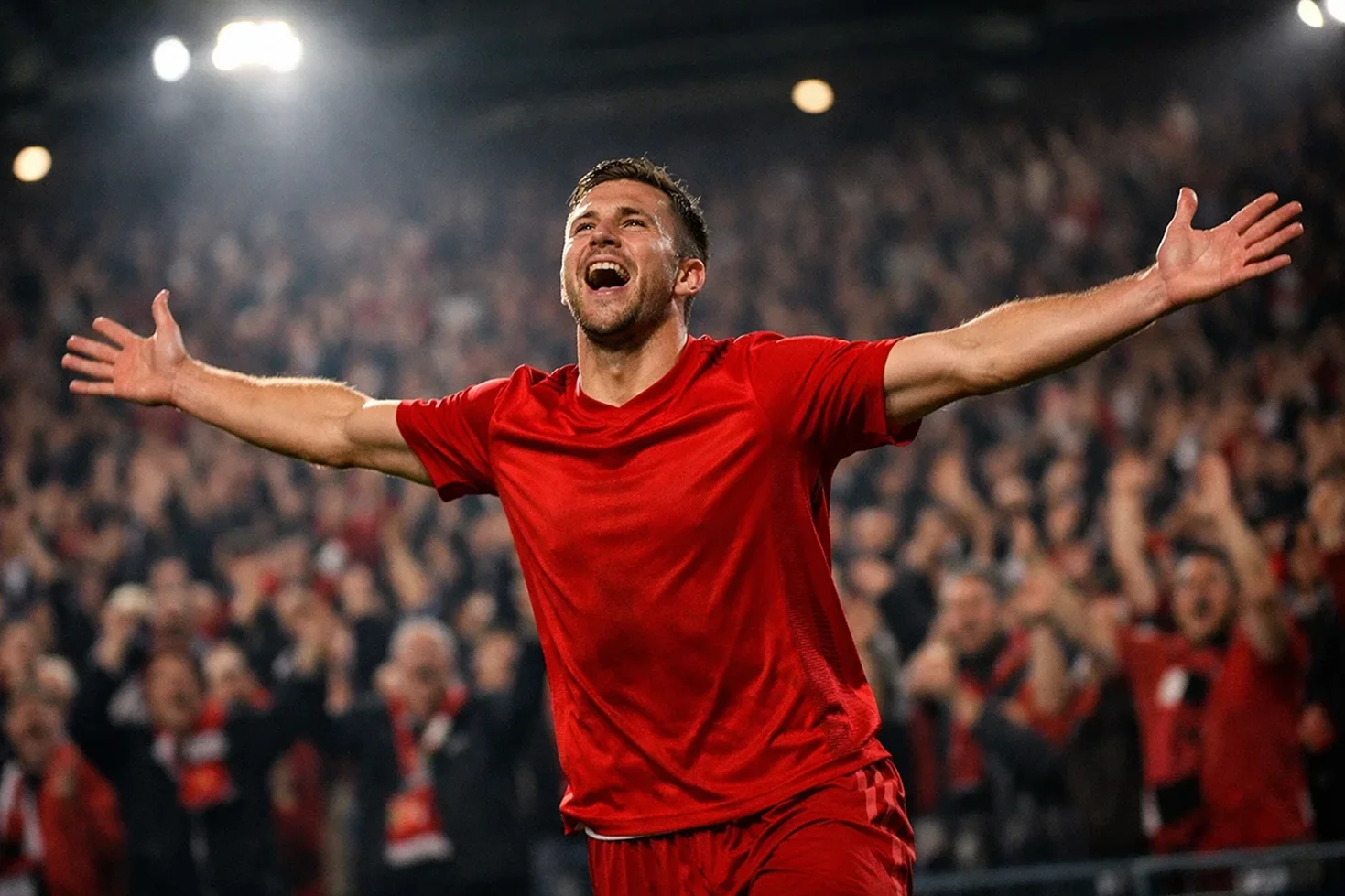 Fußballspieler in rotem Trikot feiert ein Tor vor jubelnden Fans