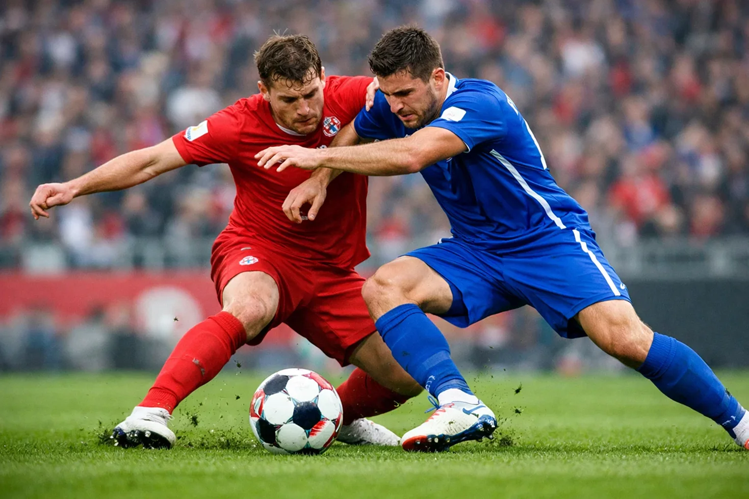 Intensiver Zweikampf zwischen zwei Bundesliga-Spielern auf dem Rasen