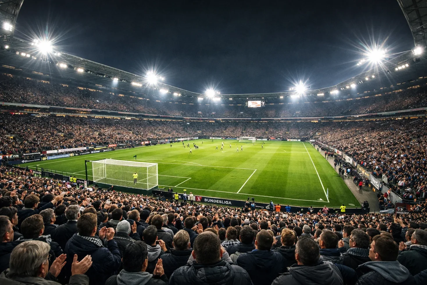 Volle Fußballtribüne im Bundesliga-Stadion bei Abendspiel mit Flutlichtbeleuchtung