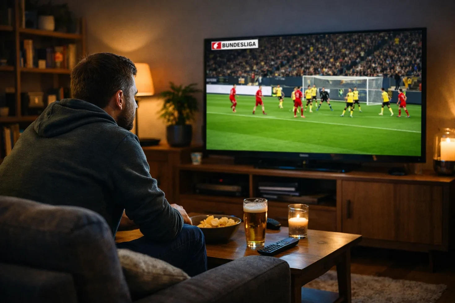 Person verfolgt aufmerksam ein Fußballspiel auf dem Fernseher