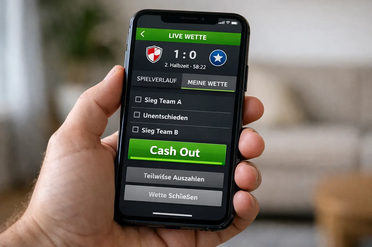 Smartphone-Bildschirm zeigt Cash-Out-Option bei laufender Fußballwette
