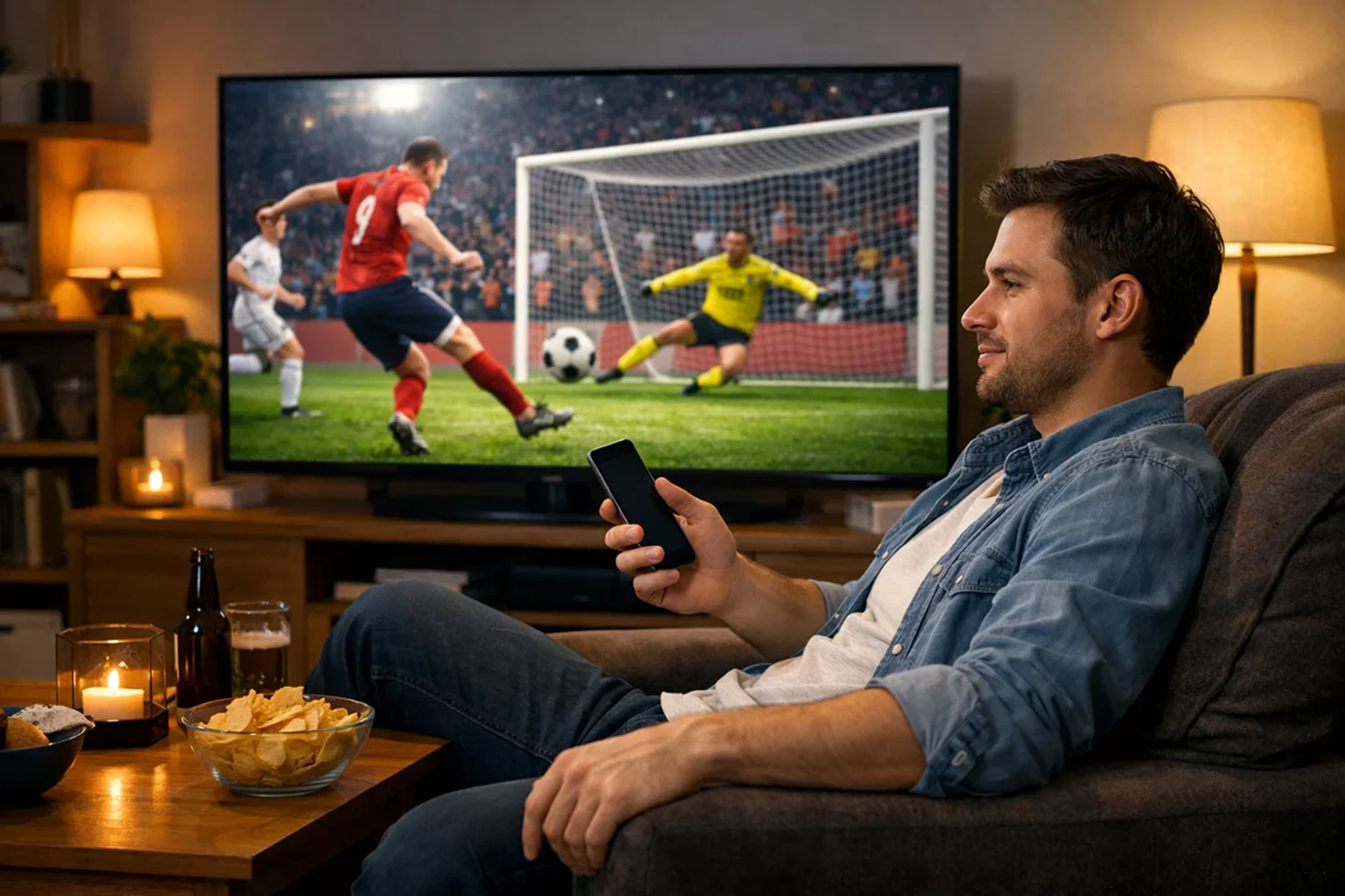 Mann sitzt ruhig vor TV mit Fußballspiel und hält Smartphone entspannt in der Hand