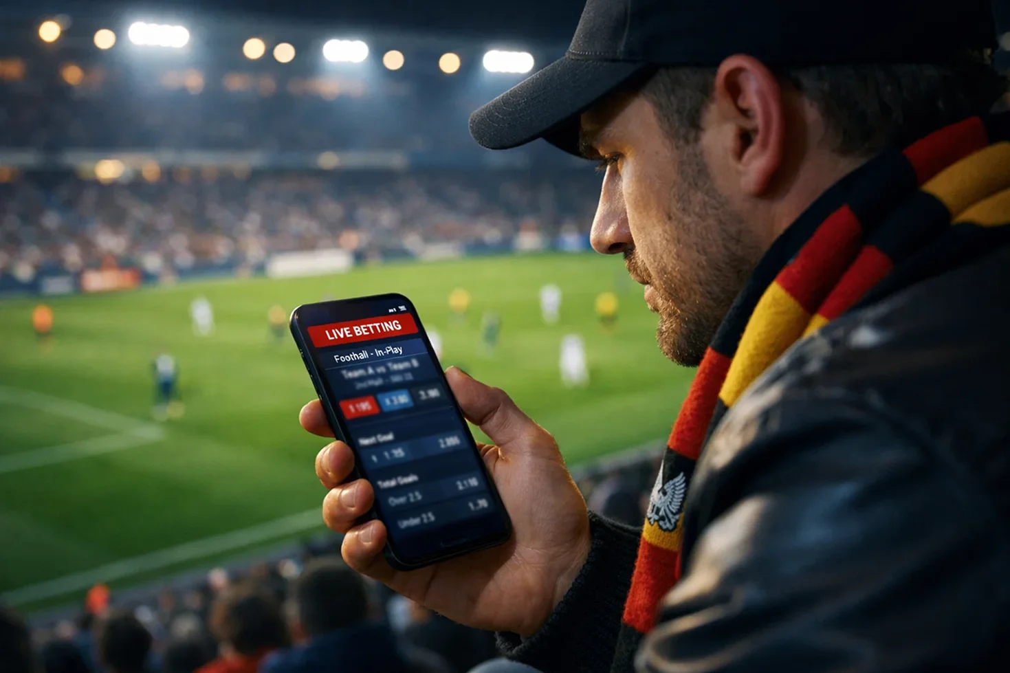 Fußballfan verfolgt ein Bundesliga-Spiel auf dem Smartphone im Stadion bei Flutlicht