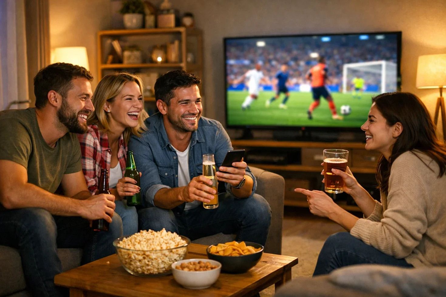 Zufriedener Sportfan genießt ein Fußballspiel mit Freunden