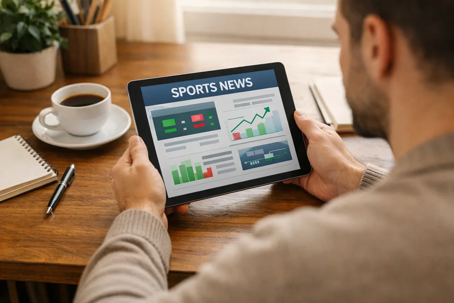 Person liest konzentriert Sportnachrichten auf einem Tablet