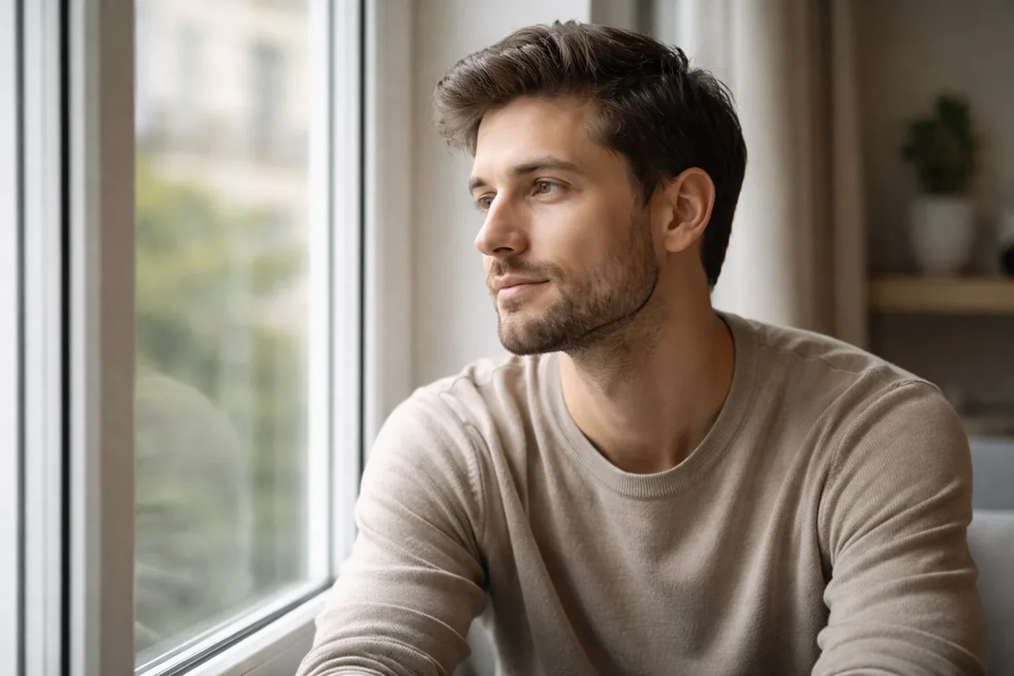 Ruhiger Mann macht eine Pause und blickt nachdenklich aus dem Fenster