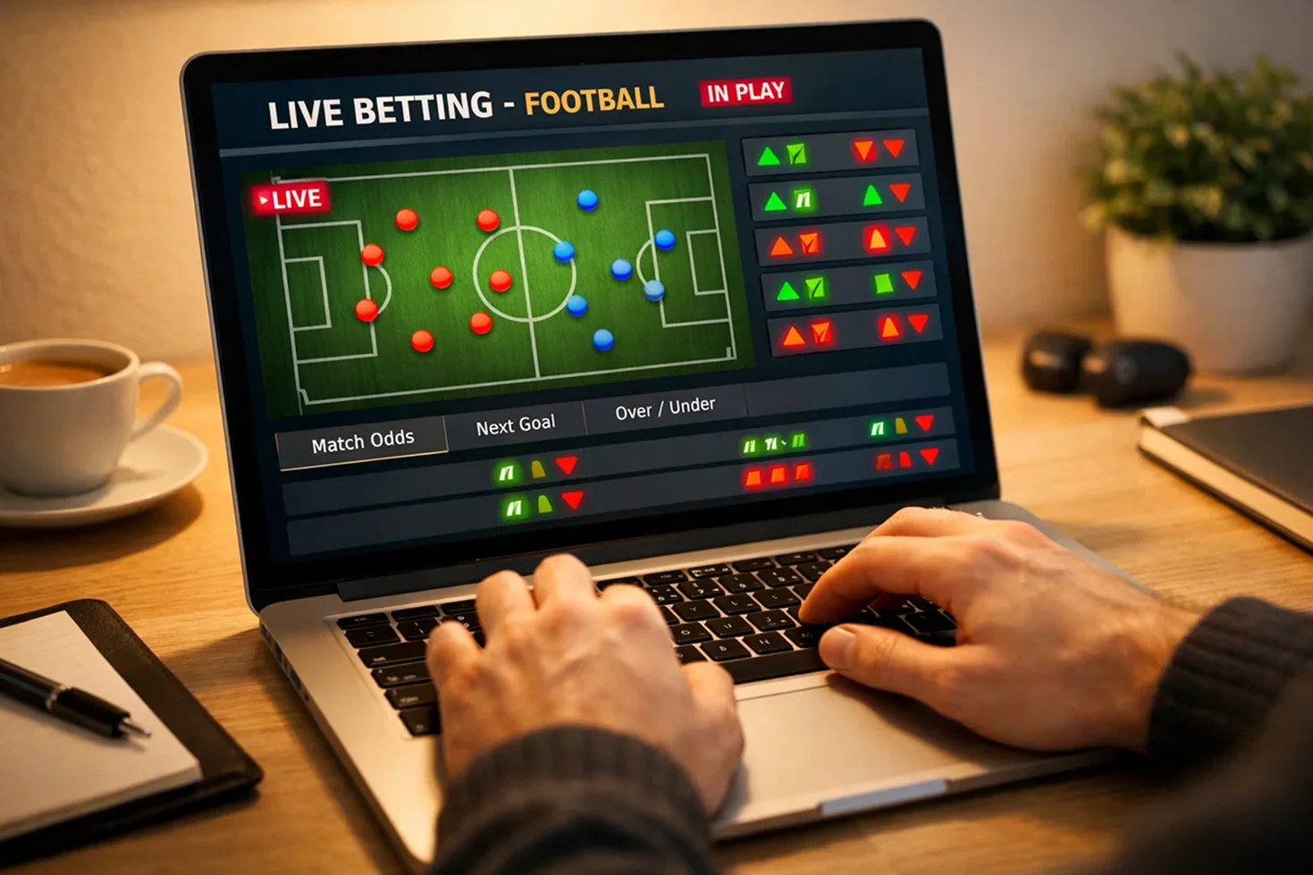 Laptop zeigt Live-Wettquoten während eines Fußballspiels