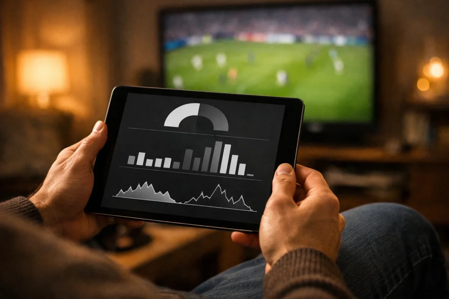 Person analysiert Fußballstatistiken auf einem Tablet während eines Spiels