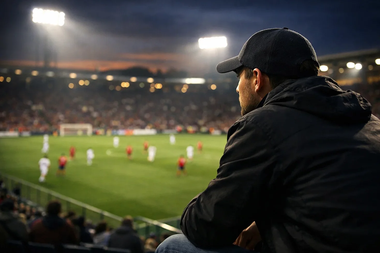 Fan schaut aufmerksam Fußballspiel im Stadion