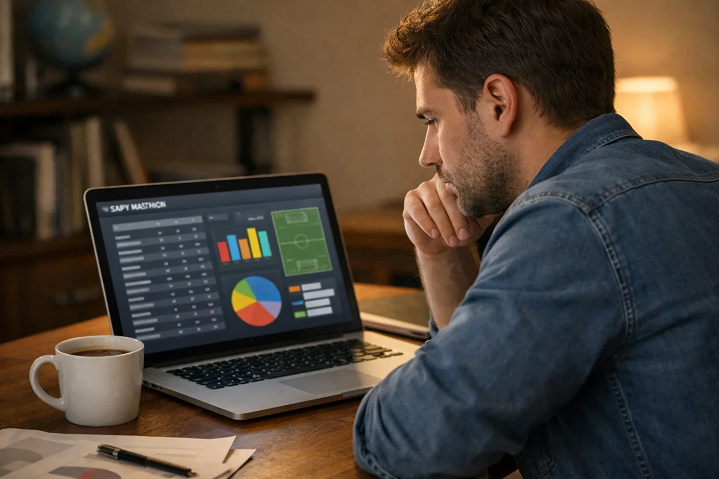 Sportanalyst studiert Spielstatistiken am Laptop