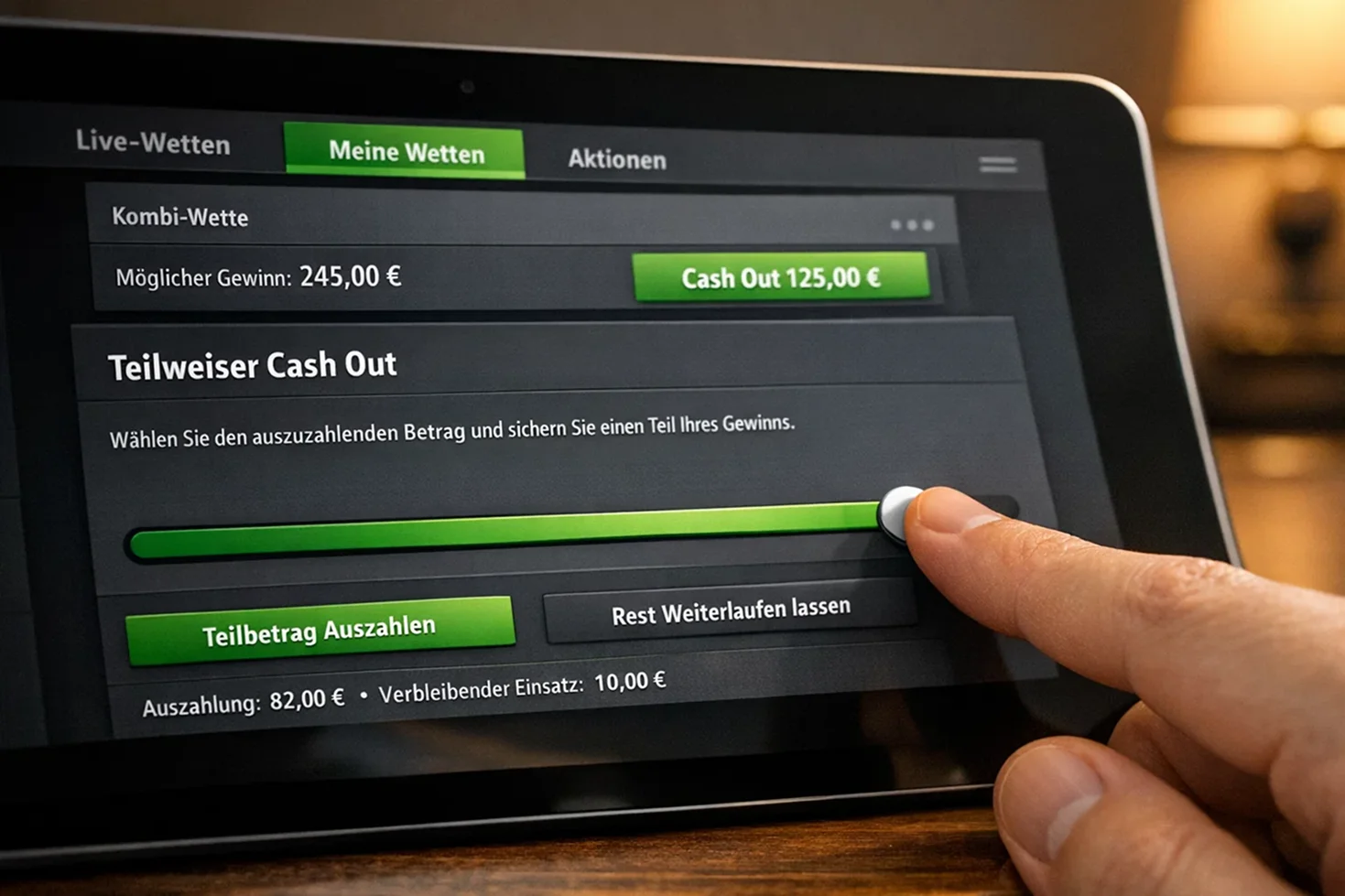 Wett-App zeigt Teil-Cash-Out-Slider mit verschiedenen Auszahlungsoptionen