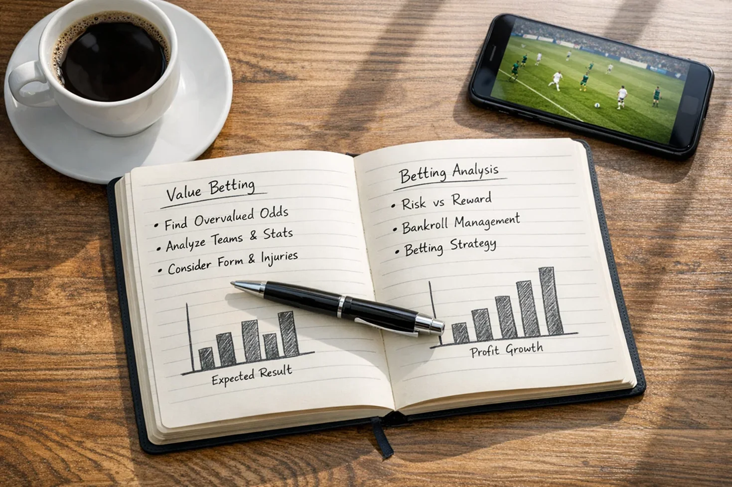 Nahaufnahme eines Notizbuchs mit Wettanalyse und Statistiken