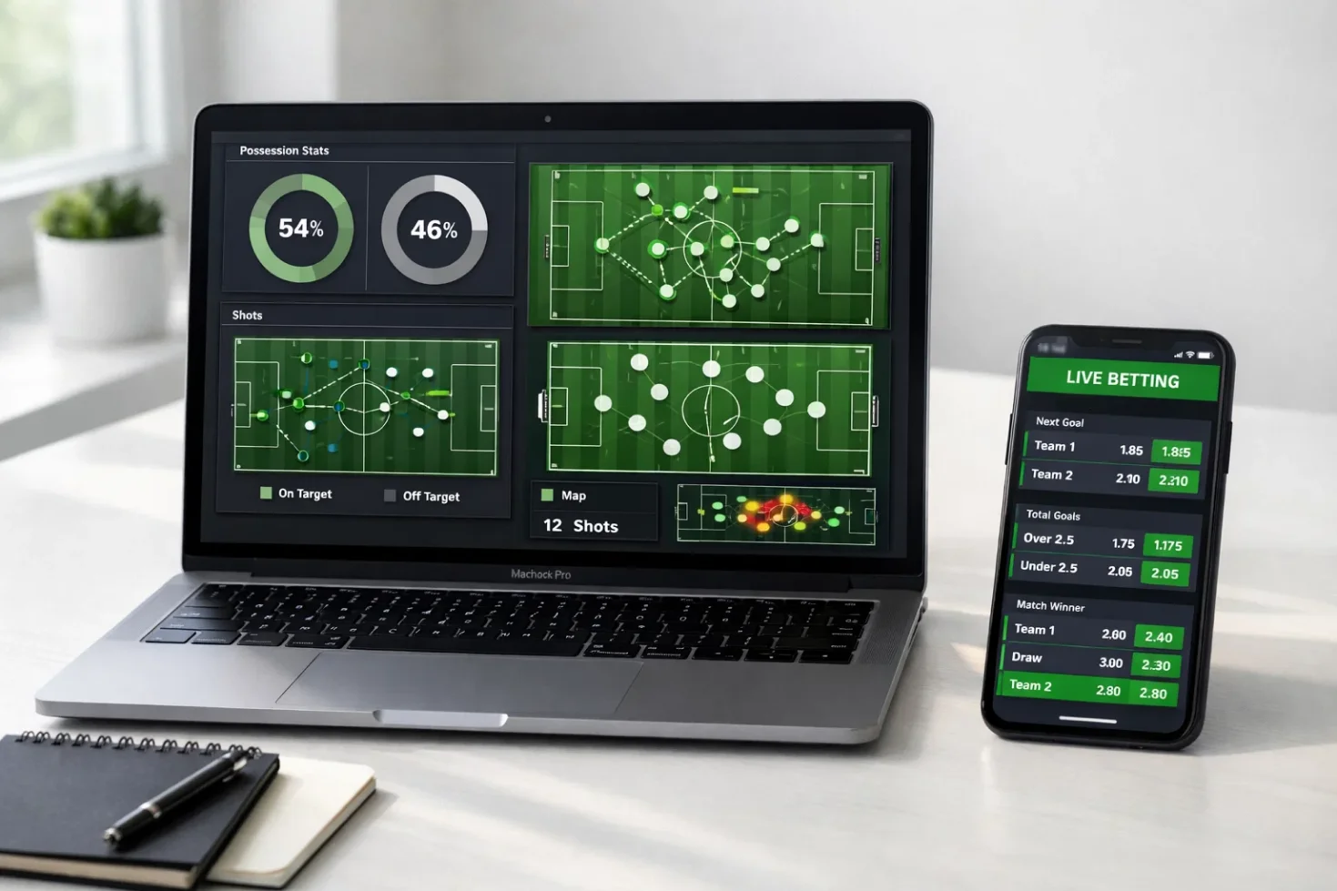 Laptop und Smartphone mit Fußball-Statistik-Apps und Live-Wetten-Interface