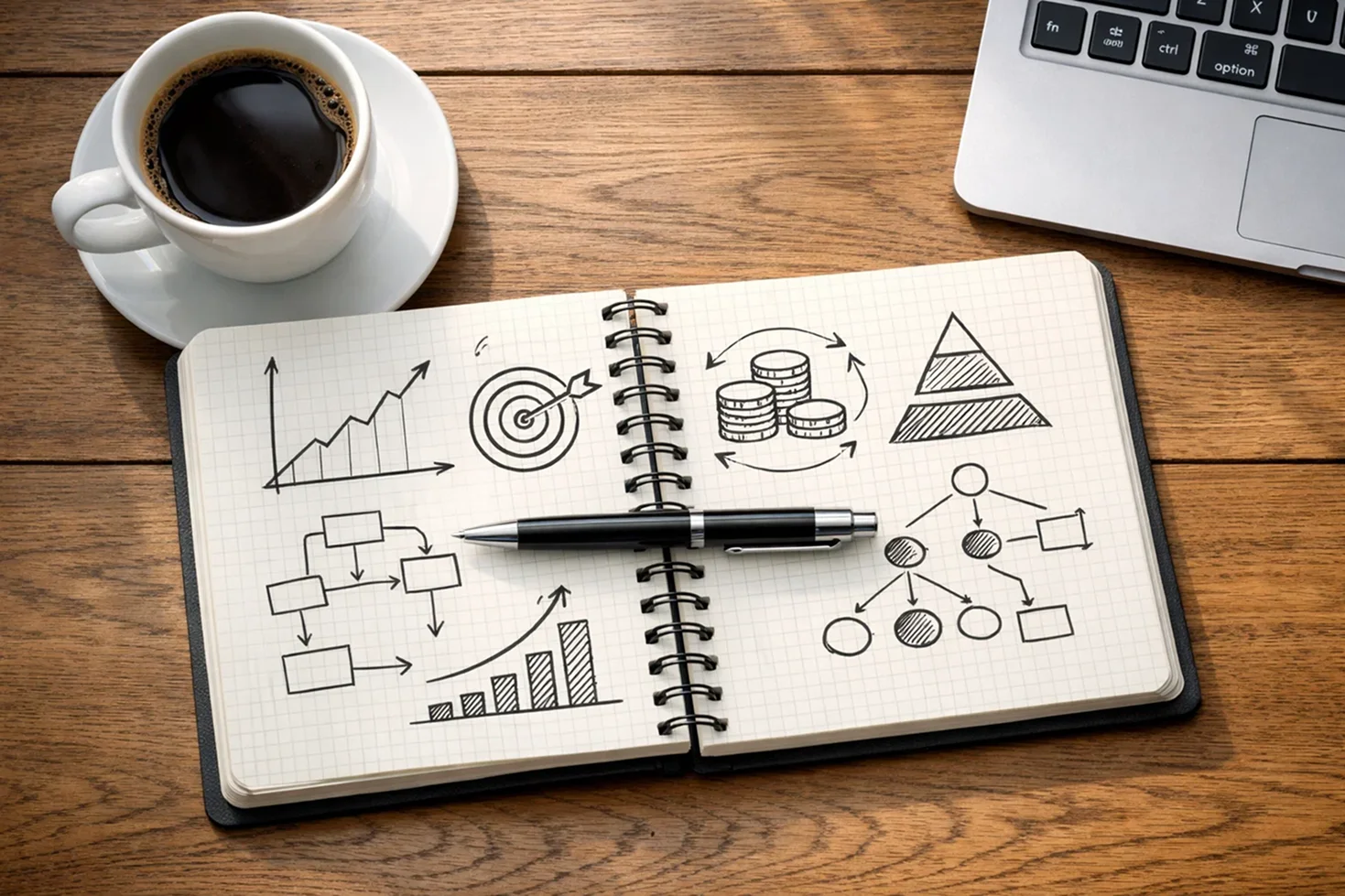 Notizbuch mit Wettplan und Strategie-Notizen neben Kaffeetasse auf Schreibtisch